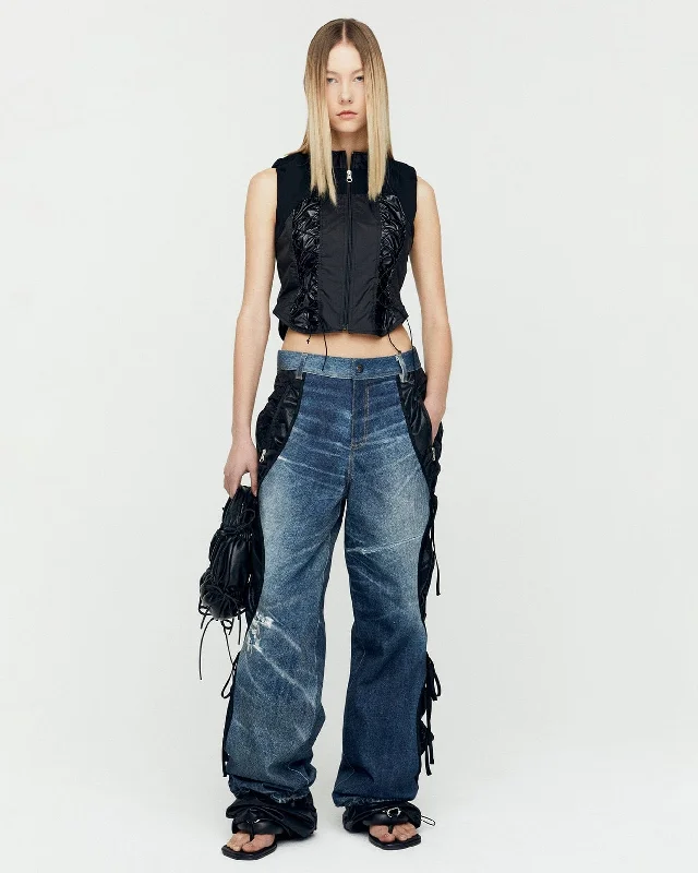 DENIM TROMPE L`OEIL LAYERED TYING PANTS apa768w(WASHED BLUE)