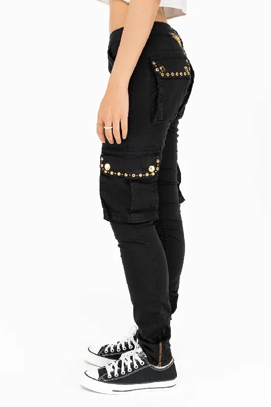 NEW MILITARY STYLE WOMENS SKINNY EMBELLISHED CARGO PANTS IN BLACK