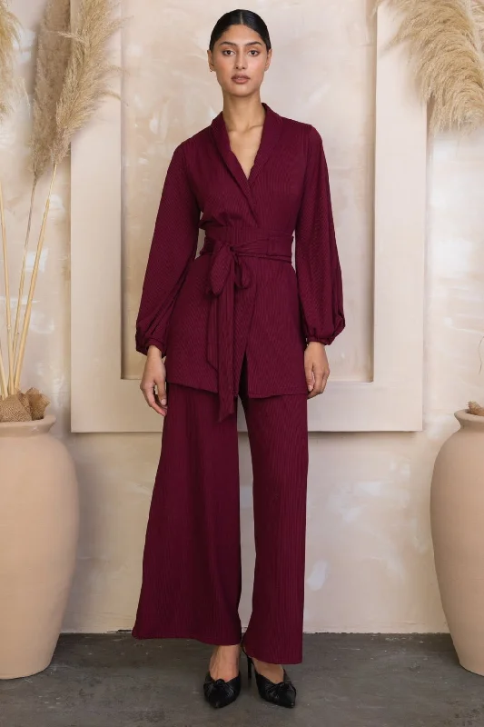 Maroon Belted Ribbed Tunic & Pants Set