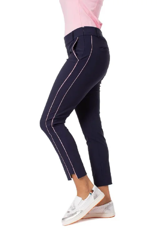 Golftini: Women's Navy with Light Pink Stripe Pull-On Stretch Ankle Pant