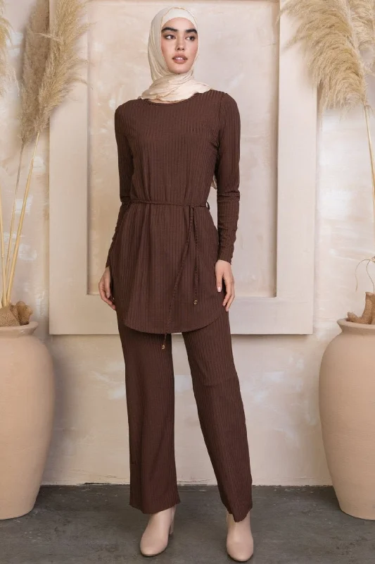 Brown Ribbed Tunic & Pants Set