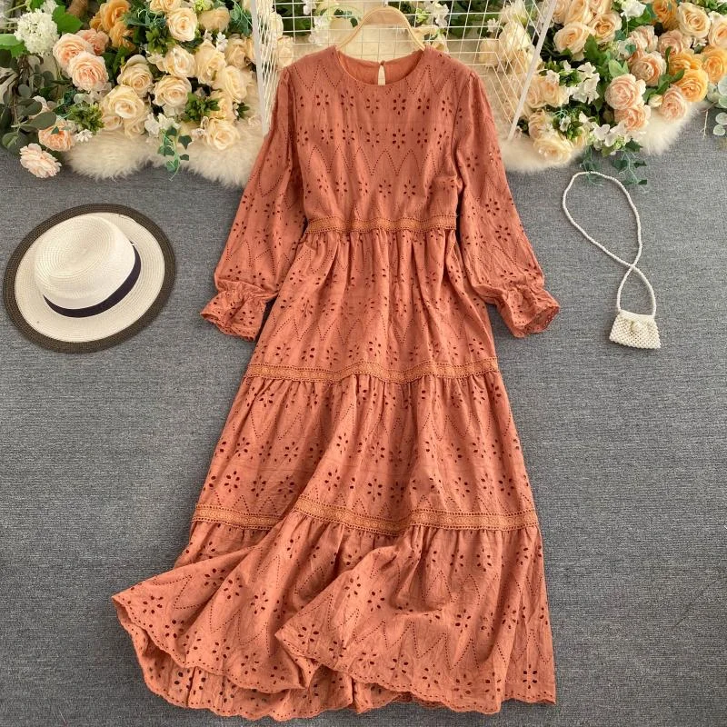 Autumn Hollow Out Long Dress Women Casual Flare Long Sleeve O-neck Embroidery Maxi Dresses Female Vintage Fall 2022