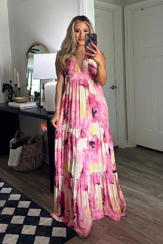 Beach Days Only Please Watercolor Maxi Dress: Pink Multi