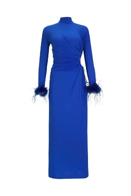 BLUE CUT-OUT MAXI DRESS WITH GATHERING AND FEATHERS