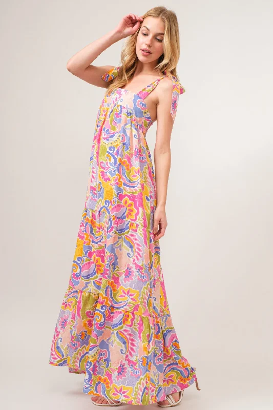 Blue Zone Planet |  And The Why Full Size Printed Tie Shoulder Tiered Maxi Dress