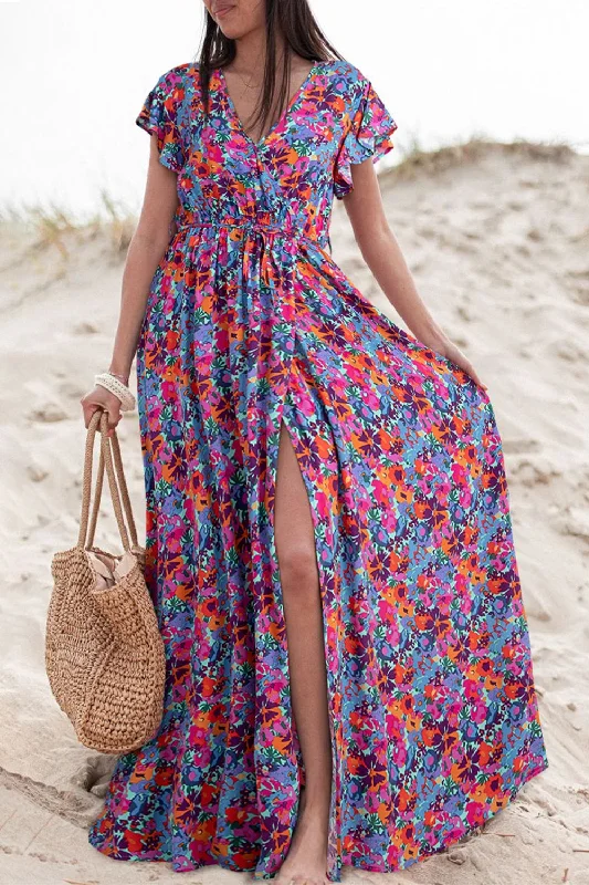 Blue Zone Planet |  Slit Printed Cap Sleeve Maxi Dress