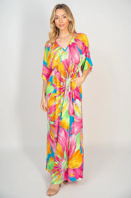 Blue Zone Planet |  White Birch Printed V-Neck Maxi Dress with Pockets