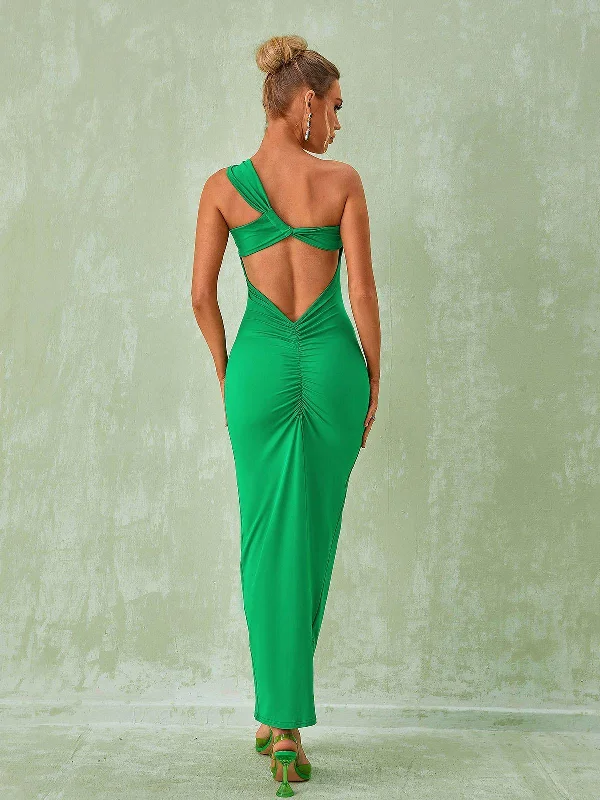 Emi One Shoulder Backless Maxi Dress In Green