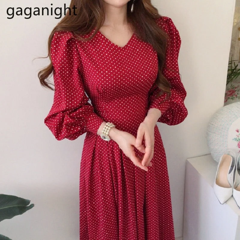 Gaganight Vintage Women Polk Dot Maxi Dress Long Sleeves Bodycon Slim Korean Dresses V Neck A Line Vestidos Office Lady Robe