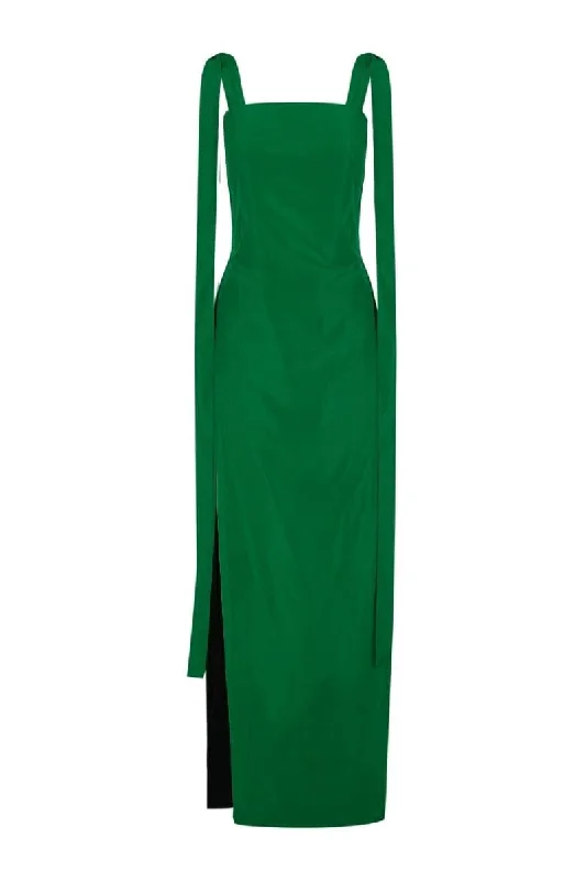 GREEN MAXI DRESS WITH STRAPS AND BOW