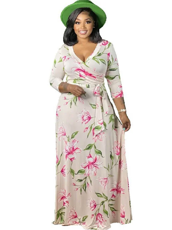 Long Sleeve Floral Print V Neck Maxi Dresses