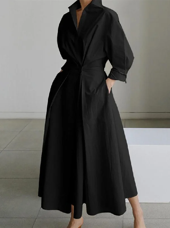 Plus Size Pleated Long Sleeve Maxi Dresses