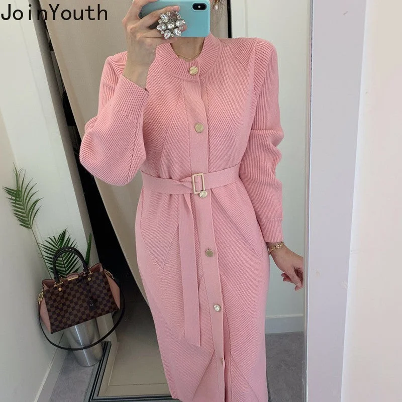 Joinyouth Chic Woman Dress Korean Knitted Robe Femme O-neck Bandage Slim Vestidos De Mujer Temperament Maxi Dresses with Belt