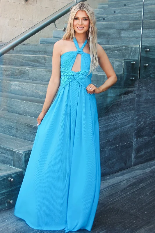 Misha Cutout Pleated Maxi Dress: Ocean Blue