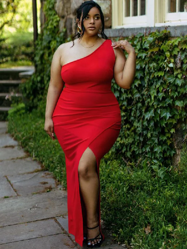 Plus Size One Shoulder Sleeveless Maxi Dresses