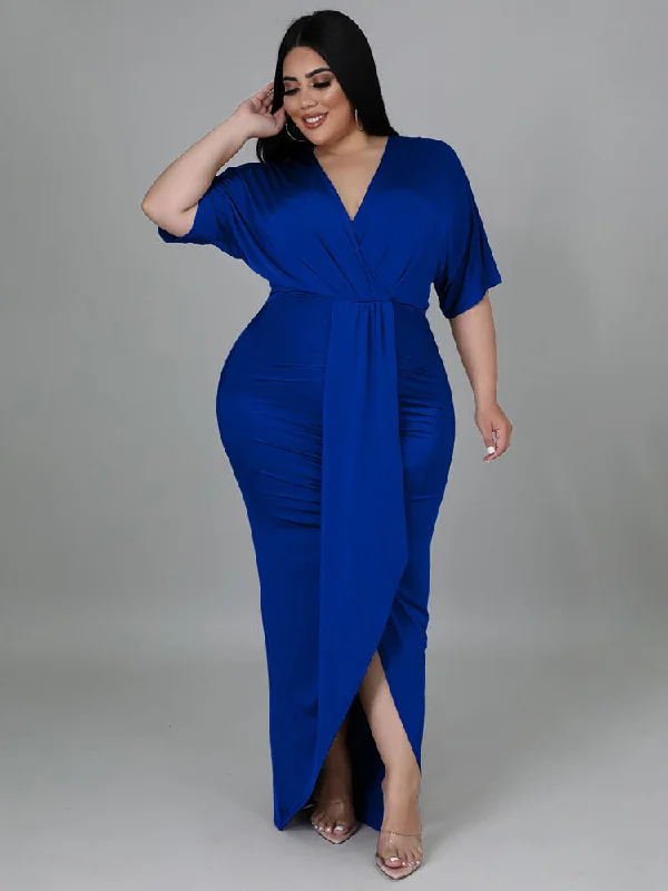 Plus Size Short Sleeve V Neck Maxi Dresses