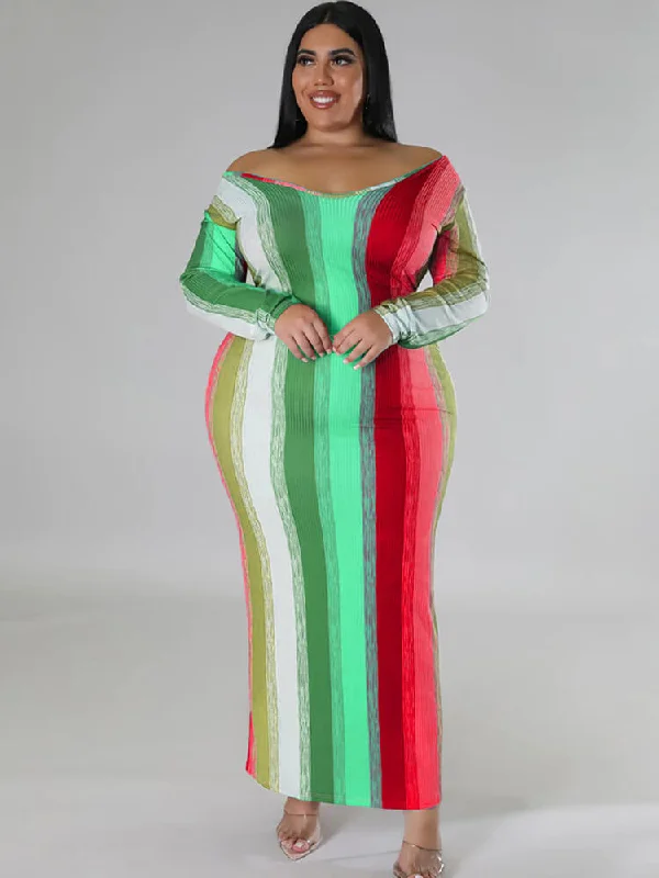 Plus Size Long Sleeve Color Block Maxi Dresses