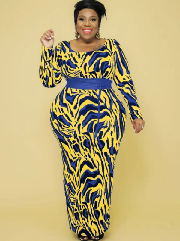 Plus Size Long Sleeve Leopard Print Maxi Dresses