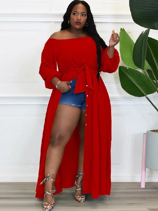 Long Sleeve Off Shoulder Button Maxi Dresses