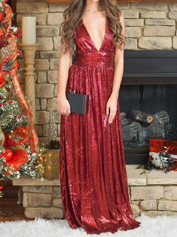 Sexy Sequin Deep V Neck Back Cross Evening Party Maxi Dress