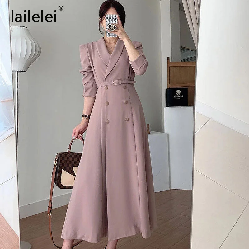 Solid Notched Maxi Dress a Line Botton Vestidos White Elegant Black Midi Office Korean Fall 2022 Robe Femme Winter Ropa De Mujer