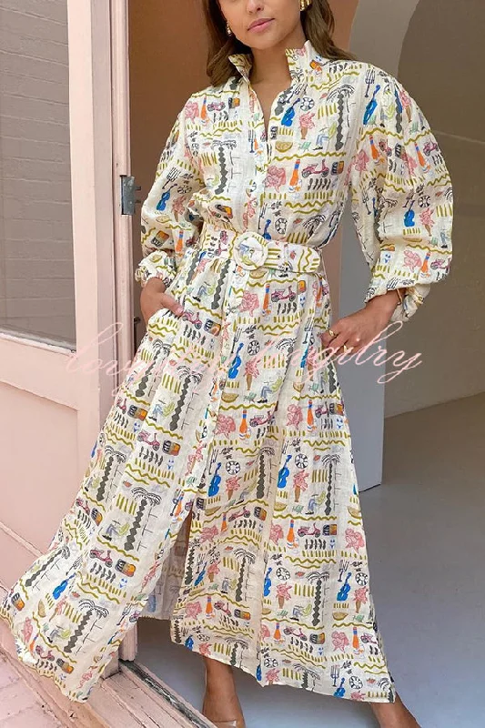 Country Cutie Unique Print Long Sleeve Belted Pocket Shirt Maxi Dress