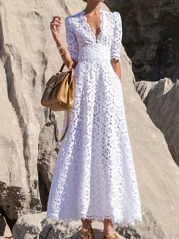 Women's Lace Dress Cutout Eyelet Pure Color Casual Dress Swing Dress Long Dress Maxi Dress White Half Sleeve Fall Spring V Neck Weekend S M L XL 2XL 3XL