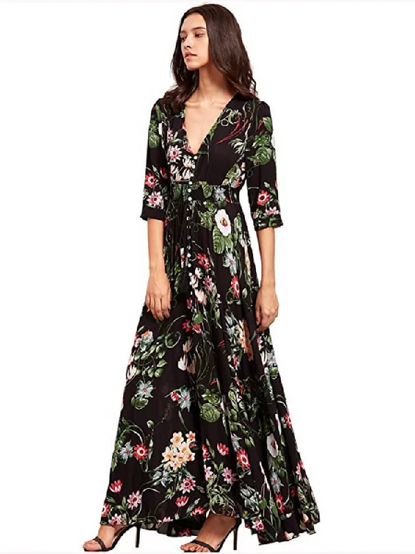 Floral Boho V-Neck Split Maxi Dresses