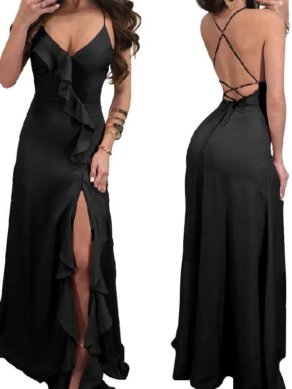 2018 New Sexy Spaghetti Strap Side Split Solid Color Maxi Dress