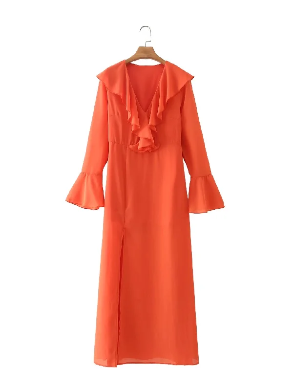 2022 Autumn Women Orange Ruffles Long Dress Long Sleeve Ladies Maxi Dress