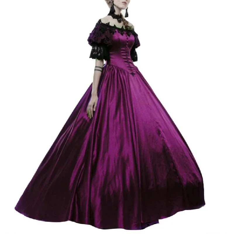 50% Sales  Halloween Party Women Medieval Off Shoulder Lace Patchwork Ball Gown Maxi Dress