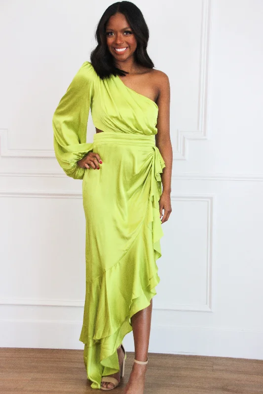 Barcelona One Shoulder Satin Ruffle Maxi Dress: Lime