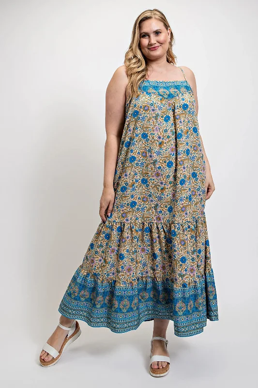 Blue Zone Planet |  Floral And Aztec Print Drop Down Maxi Dress With Spaghetti Strap