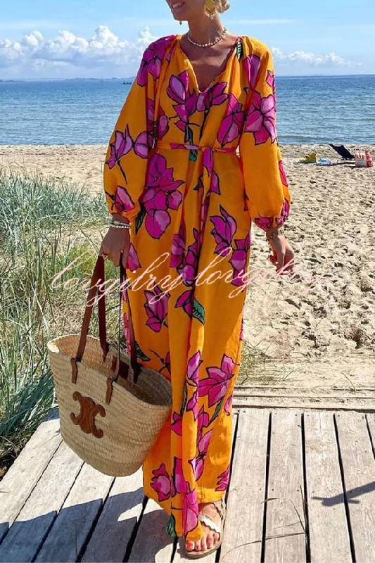 Gramercy Garden Floral Print Pocket Belted Long Sleeve Maxi Dress