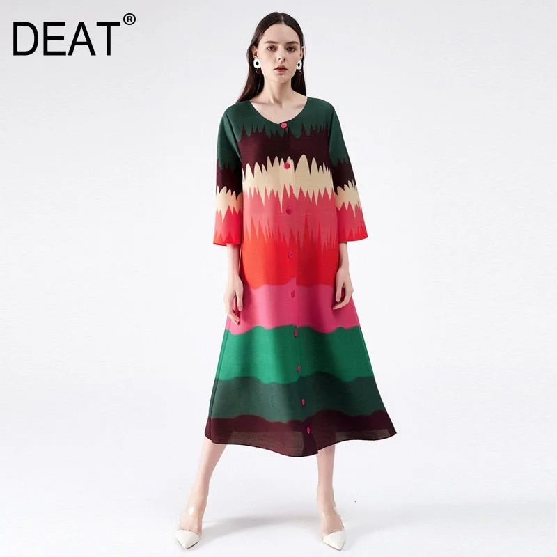 DEAT Woman Pleated Maxi Dress Colorful Striped Flare Sleeve Single Breasted V Collar Casual Style 2022 Autumn AM405