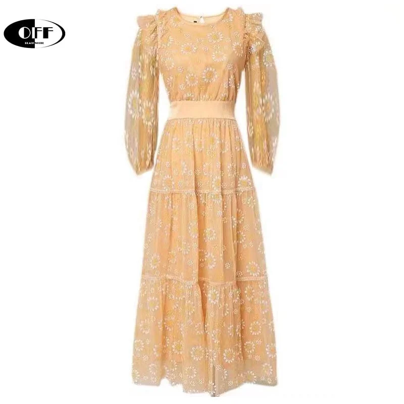 Designer Basic Vintage Sun Flower Mesh Yellow Long Dresses For Women Elegant Ruffles Party Evening Lady Maxi Dress Femme Robe ZA