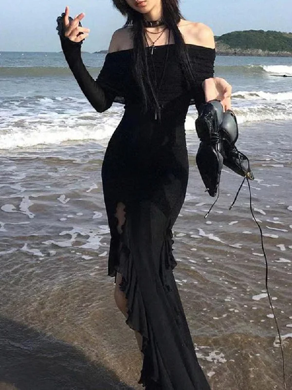 Elegant Fashion Dark Ruffles Split Long Dress Gothic Slash Neck Long Sleeve Maxi Dresses For Women Holiday Beach