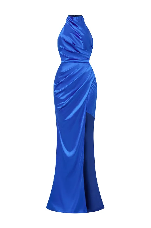 EMBER BLUE HALTER COWL BACK MAXI DRESS