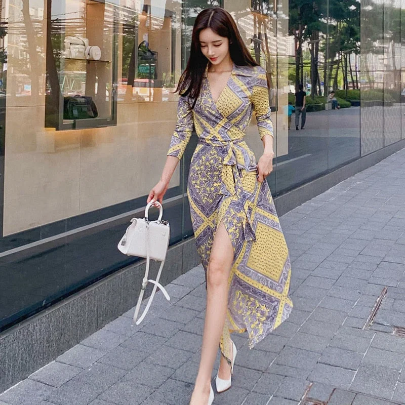 Foamlina Casual Women Long Dress 2022 Sexy V Neck 3/4 Sleeve Floral Print Sash Bowtie High Split Autumn Party Maxi Dress