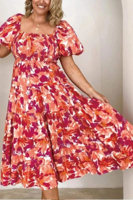 GRAPHICAL PUFFED SLEEVES MAXI DRESS