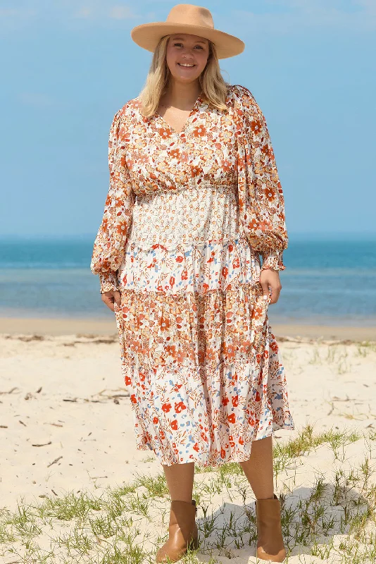 Blue Zone Planet |  Khaki Plus Size Floral Tiered Ruffle Maxi Dress