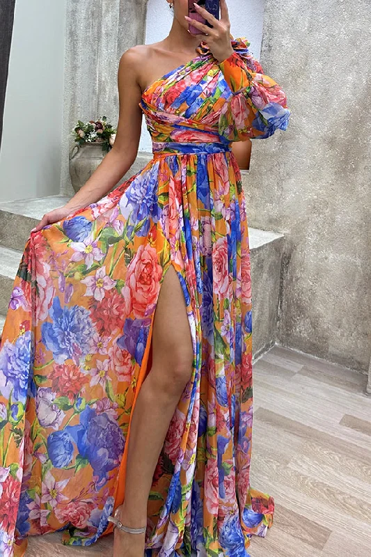 Let's Elope Floral Print Pleated One Shoulder Sleeve Slit Maxi Dress