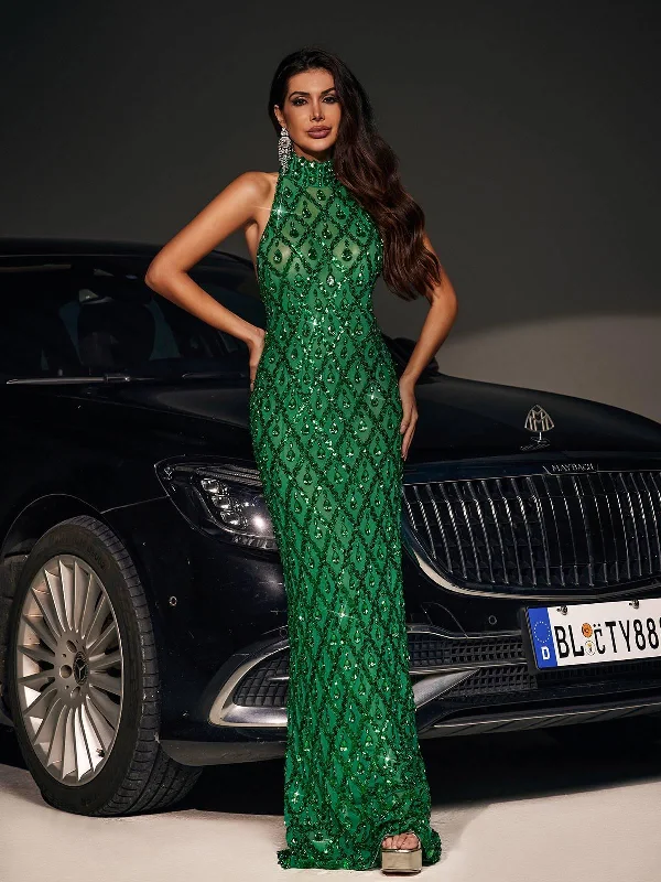 Liora Sequin Crystal Maxi Dress In Green