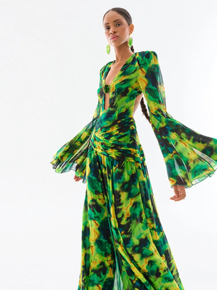 Long Sleeve Green Floral Long Chiffon Maxi Dress