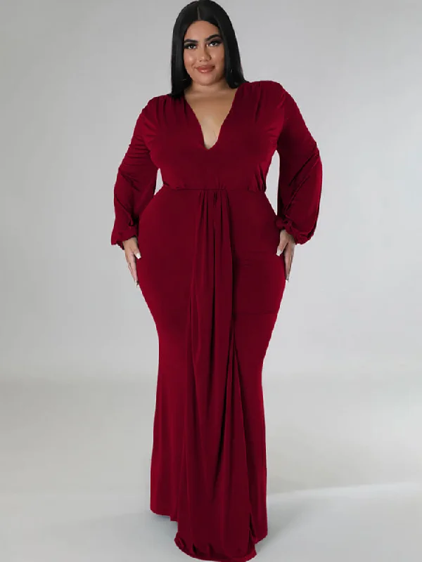 Plus Size Long Sleeve V Neck Bodycon Maxi Dresses