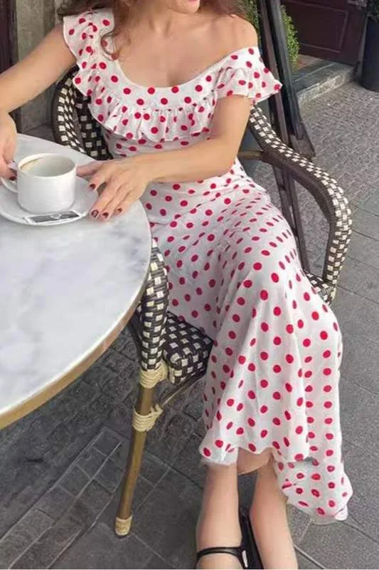 OFF SHOULDER POLKA MAXI DRESS