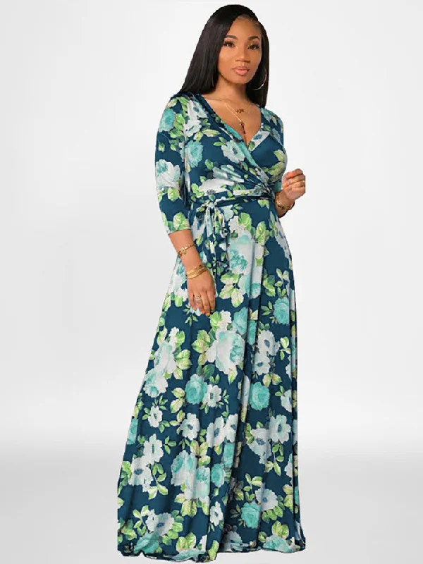 Plus Size Long Sleeves Floral Print Maxi Dresses