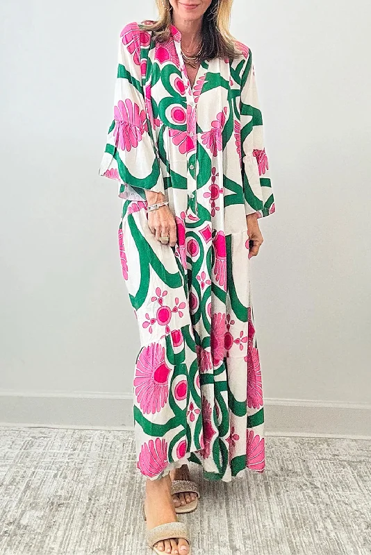 Blue Zone Planet |  Pink Boho Floral Printed Long Sleeve Buttoned Loose Maxi Dress