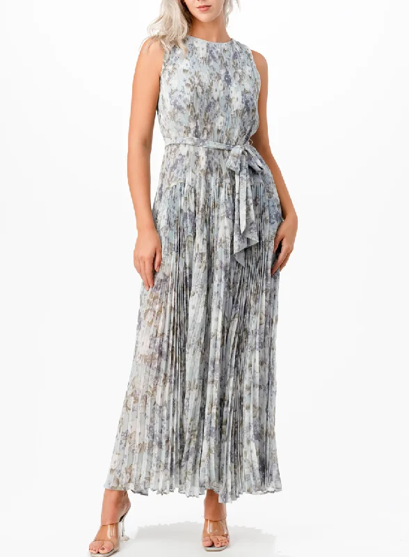 Sleeveless Floral Print Pleated Ruffle Maxi Dress with Waist Tie