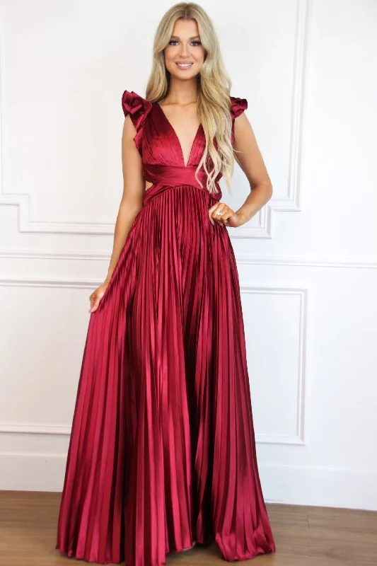 Somewhere With You Pleated Open Back Maxi Dress: Burgundy